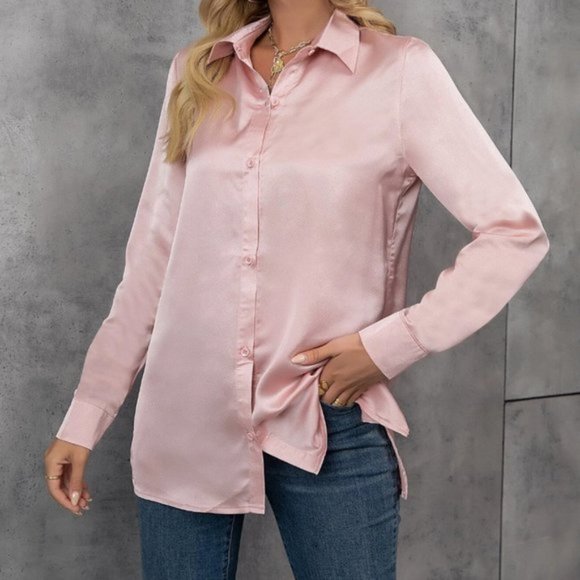 Tops - Pink Blouson Sleeve Satin Blouse